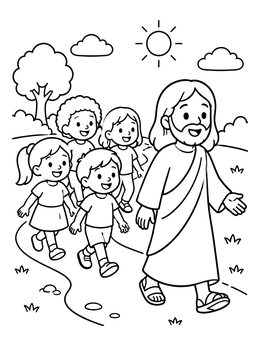 Free printable Children Happily Following Jesus Outdoors coloring page