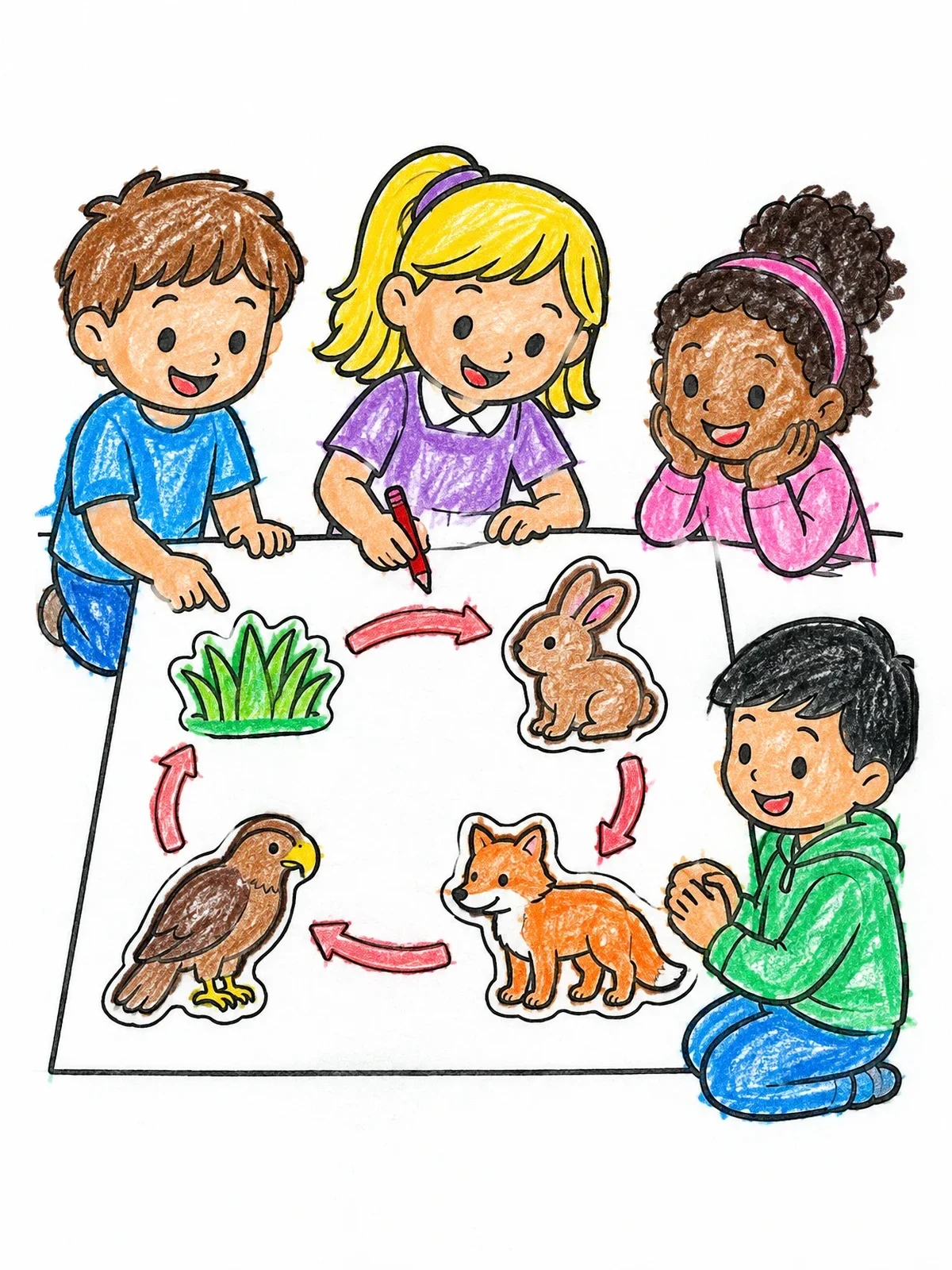 Colored example of the Children Making A Food Chain Poster coloring page