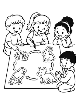 Students study nature with this food chain coloring page showing plants and animals.