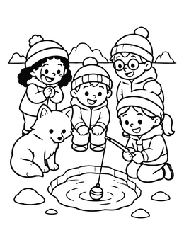 Free printable Children And Fox Ice Fishing coloring page
