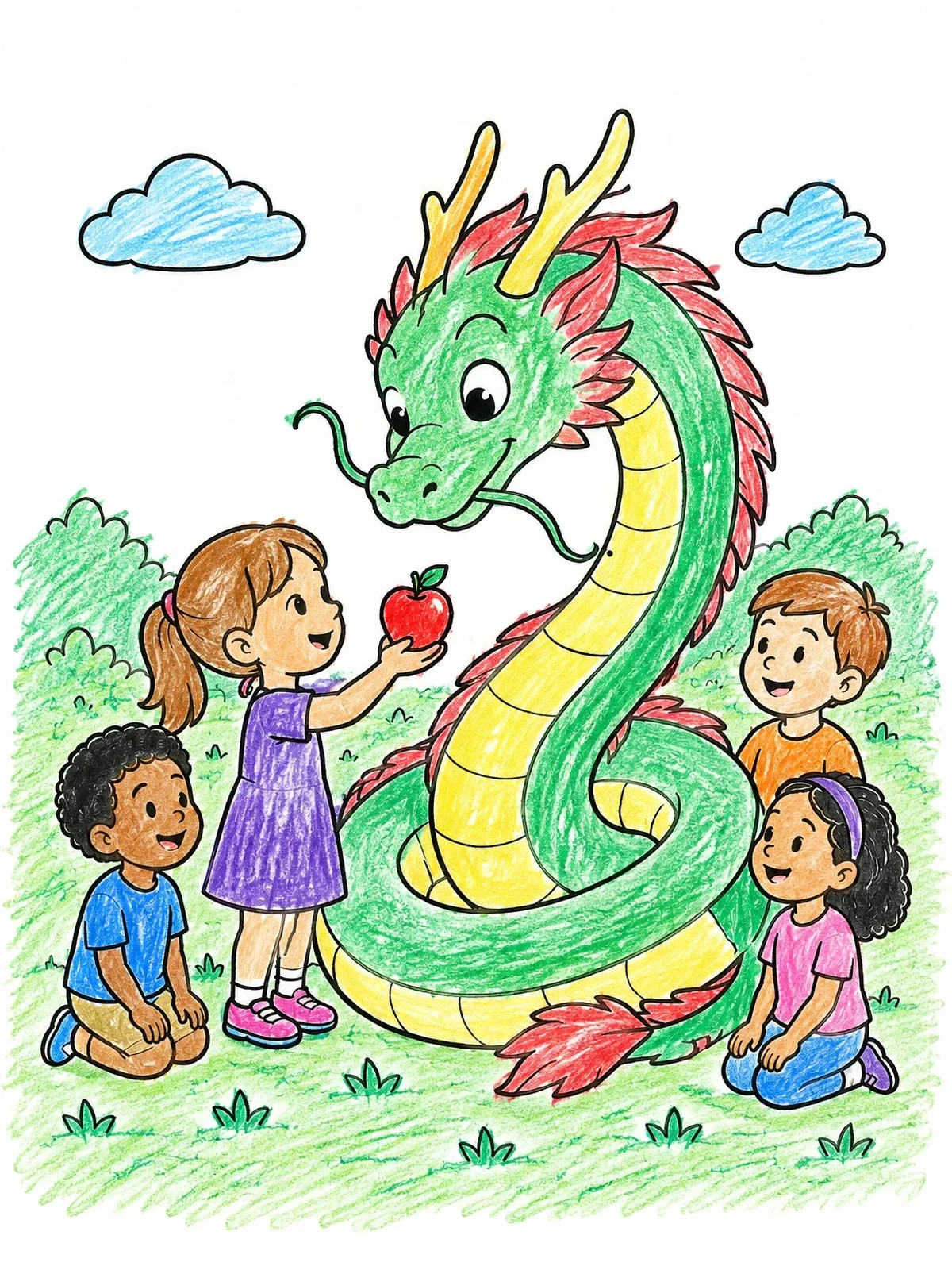 Colored example of the Children Sharing Apple With Friendly Dragon coloring page