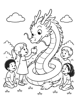 Free printable Children Sharing Apple With Friendly Dragon coloring page