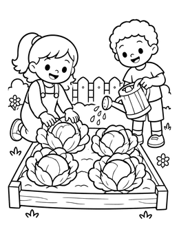 Free printable Kids Gardening Cabbage Heads coloring page