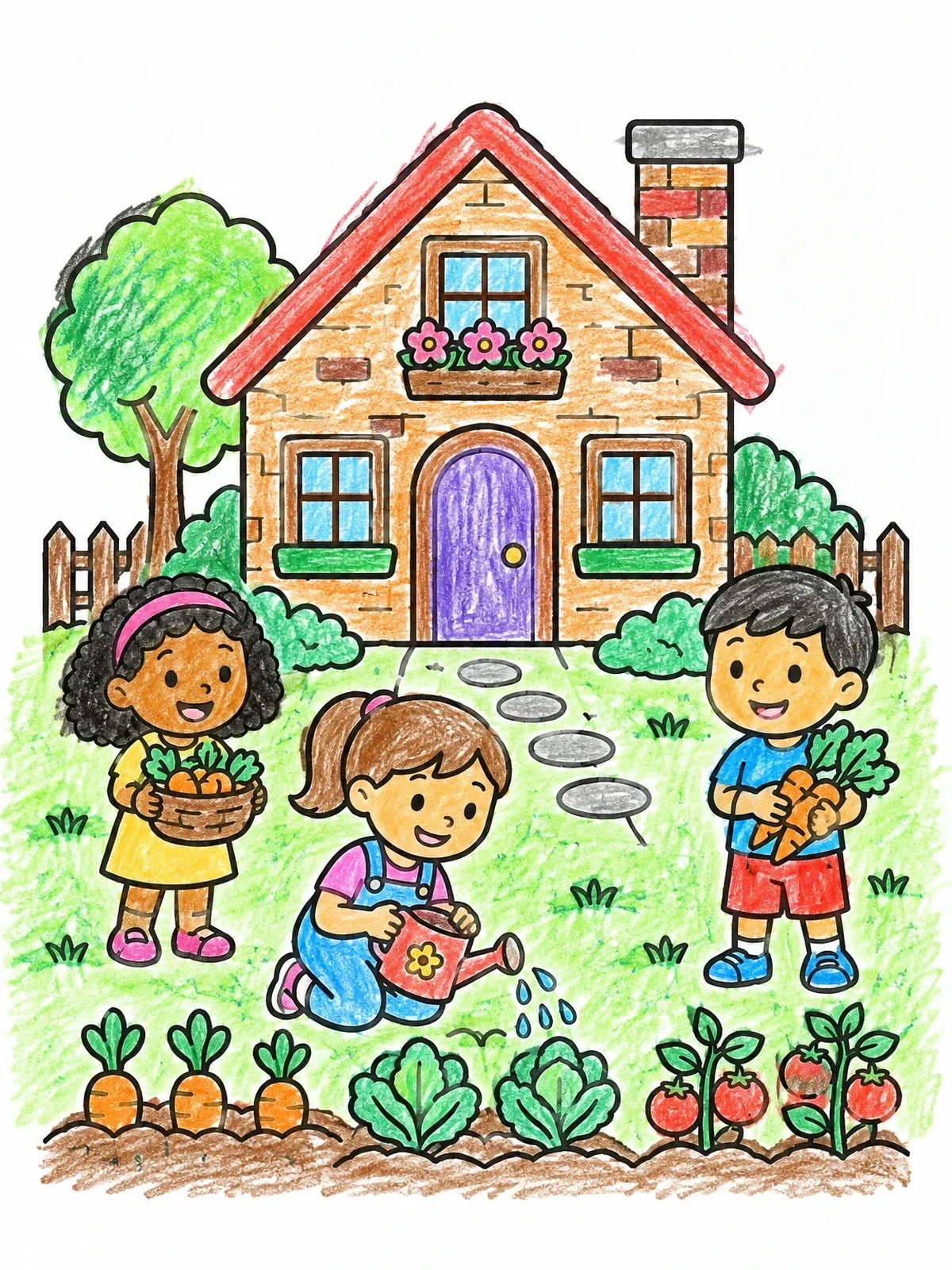 Colored example of the Children Gardening At The Cottage coloring page