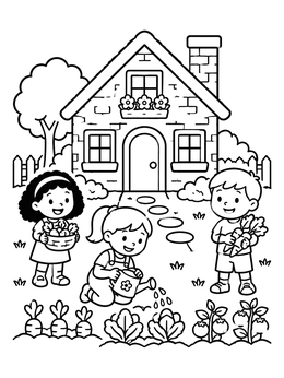 Free printable Children Gardening At The Cottage coloring page