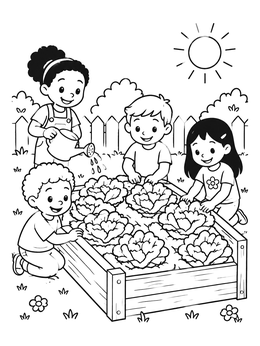 Free printable Children Gardening At The Lettuce Bed coloring page