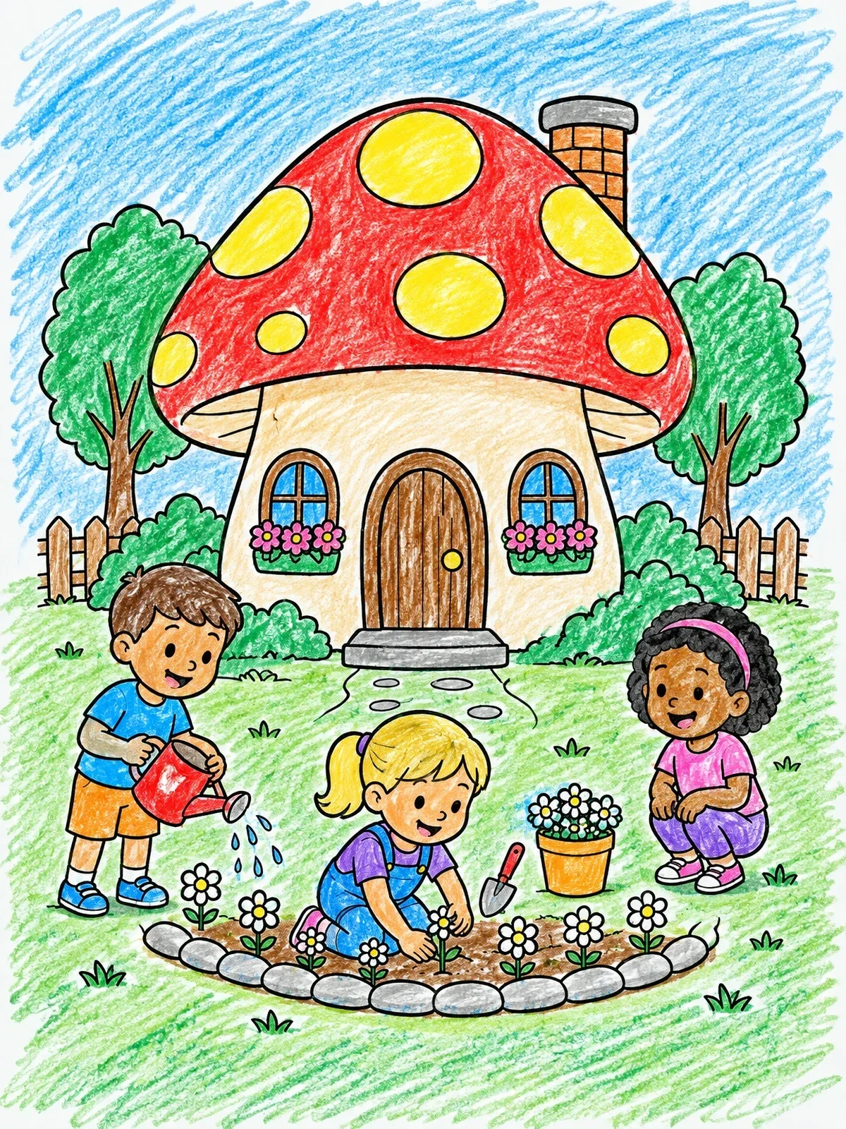 Colored example of the Children Gardening By Mushroom House coloring page