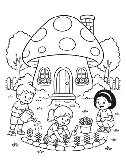 Free printable Children Gardening By Mushroom House coloring page