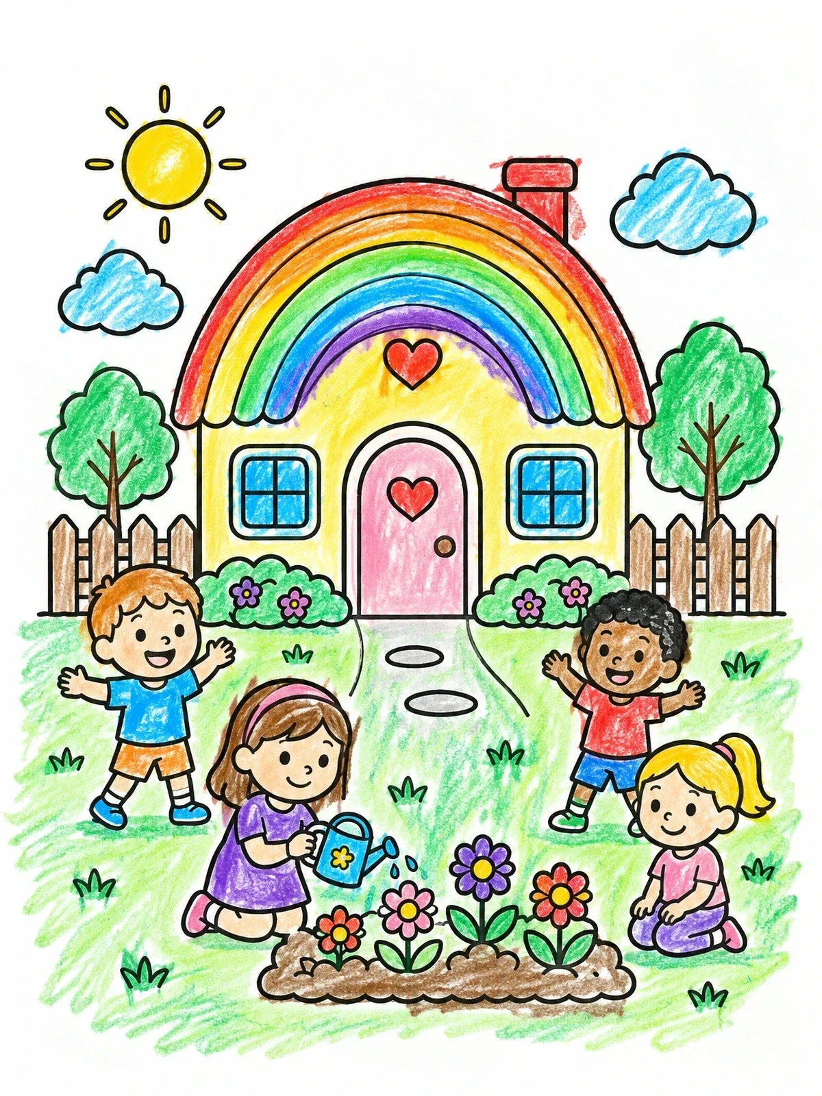 Colored example of the Children Playing By Rainbow Cottage coloring page