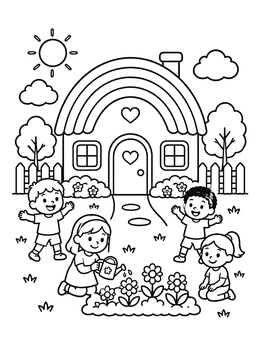 Free printable Children Playing By Rainbow Cottage coloring page