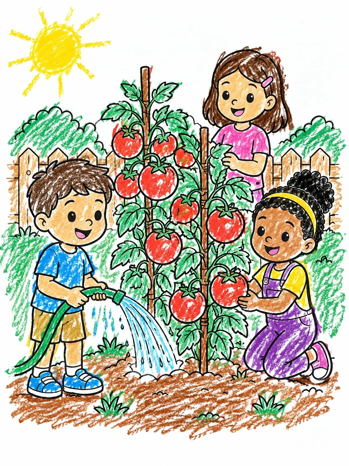 Colored example of the Children Gardening Tomato Plants coloring page