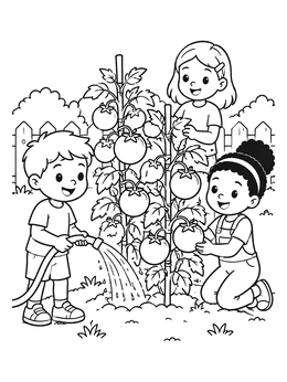 Free printable Children Gardening Tomato Plants coloring page