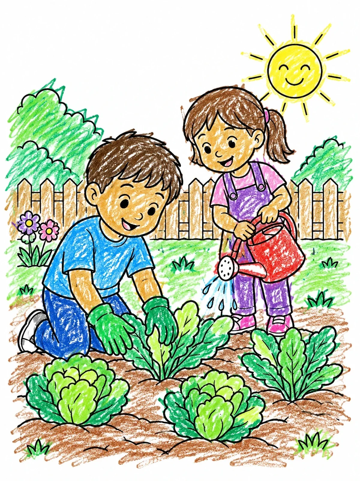 Colored example of the Children Gardening In The Vegetable Patch coloring page