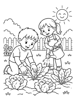 Free printable Children Gardening In The Vegetable Patch coloring page