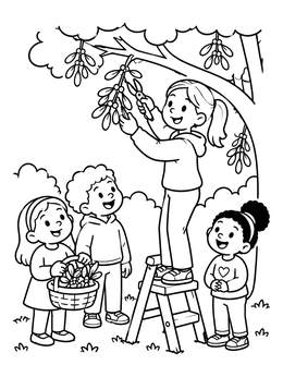 Free printable Children Gathering Fresh Mistletoe Sprigs coloring page