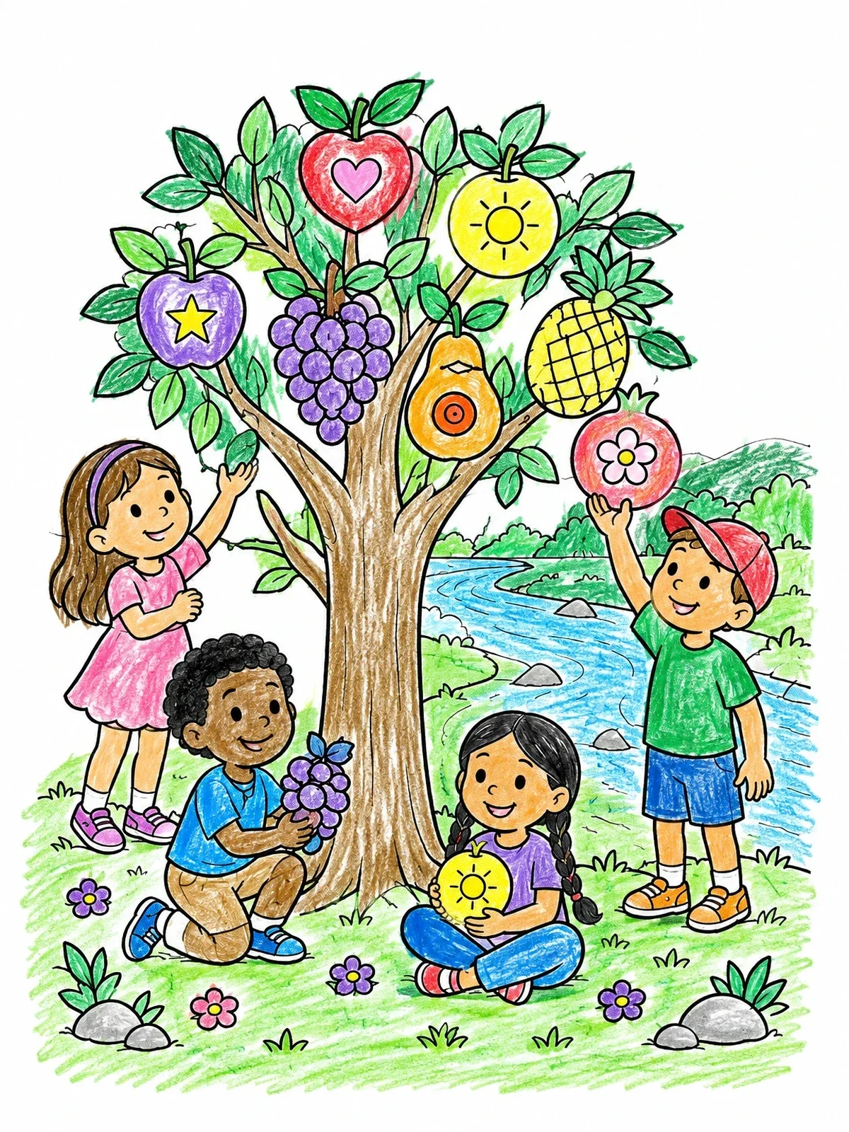 Colored example of the Children Gathering Fruit By River Tree coloring page