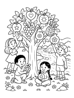Children picking symbolic fruit near a stream in this fruit of the spirit coloring page.