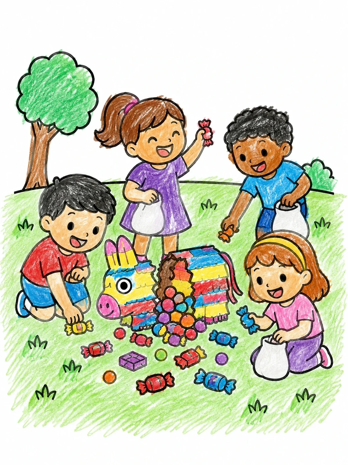 Colored example of the Children Gathering Piñata Candies coloring page