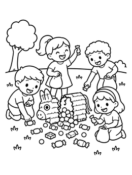 Free printable Children Gathering Piñata Candies coloring page