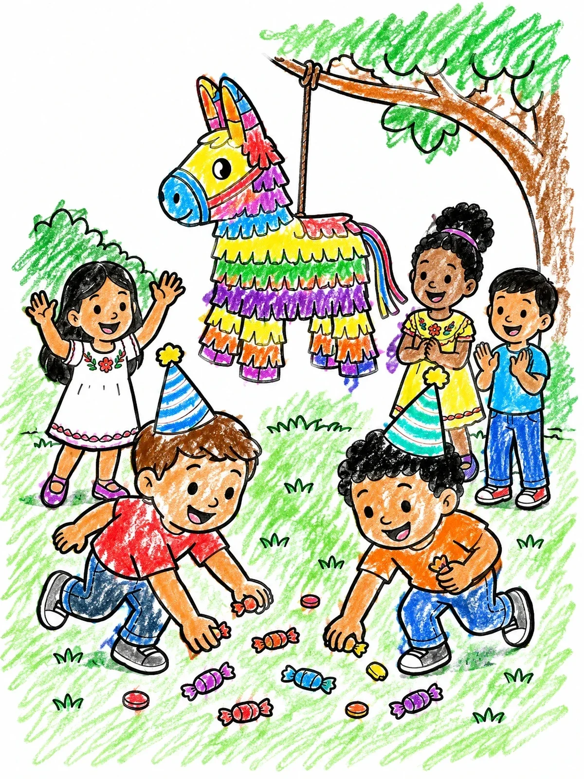 Colored example of the Children Gathering Pinata Party Sweets coloring page