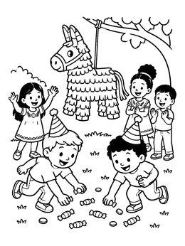 Kids gather treats under a donkey on this joyful pinata coloring page.