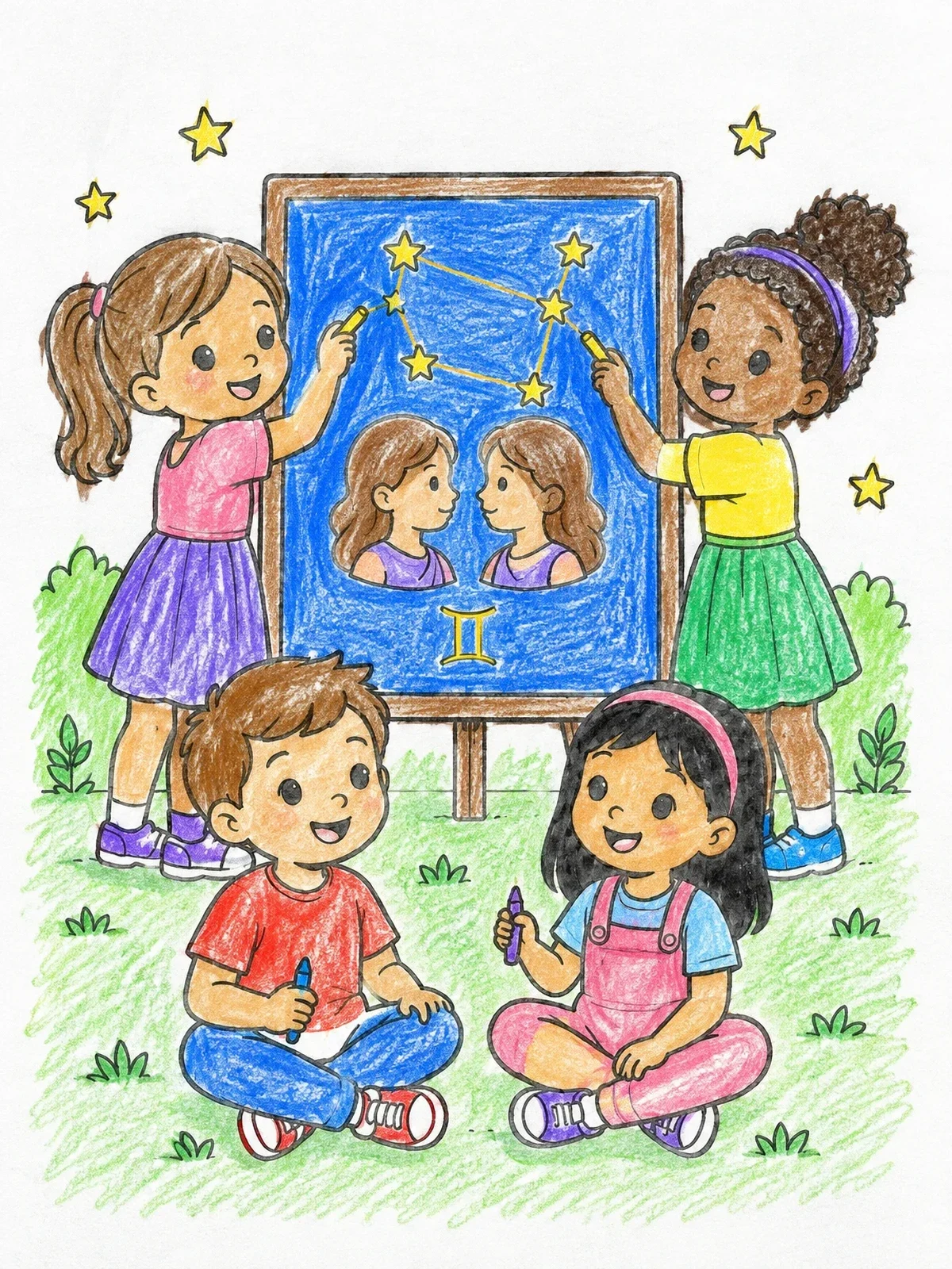 Colored example of the Children Learning About Gemini Constellation coloring page