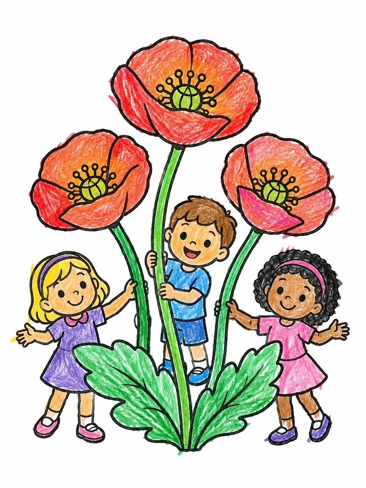 Colored example of the Children Among Giant Art Nouveau Poppies coloring page