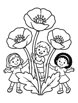 Free printable Children Among Giant Art Nouveau Poppies coloring page