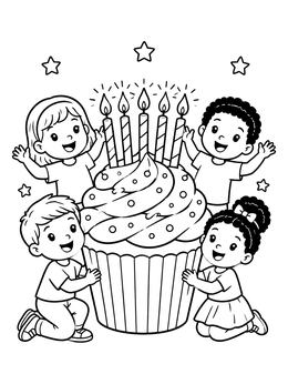 Happy children celebrate around a giant treat in this cupcake coloring page.