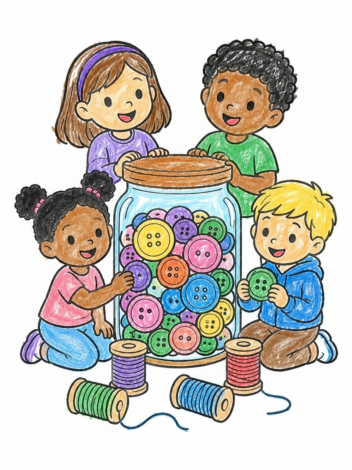 Colored example of the Children With Giant Button Jar coloring page
