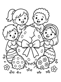 Happy children gather around a giant dinosaur easter coloring page egg with a bow.