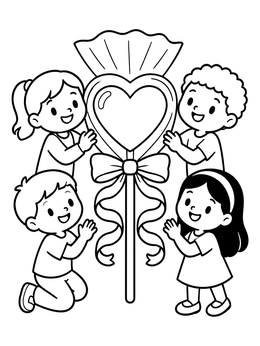 Four happy children gather near a treat on this heart coloring page.