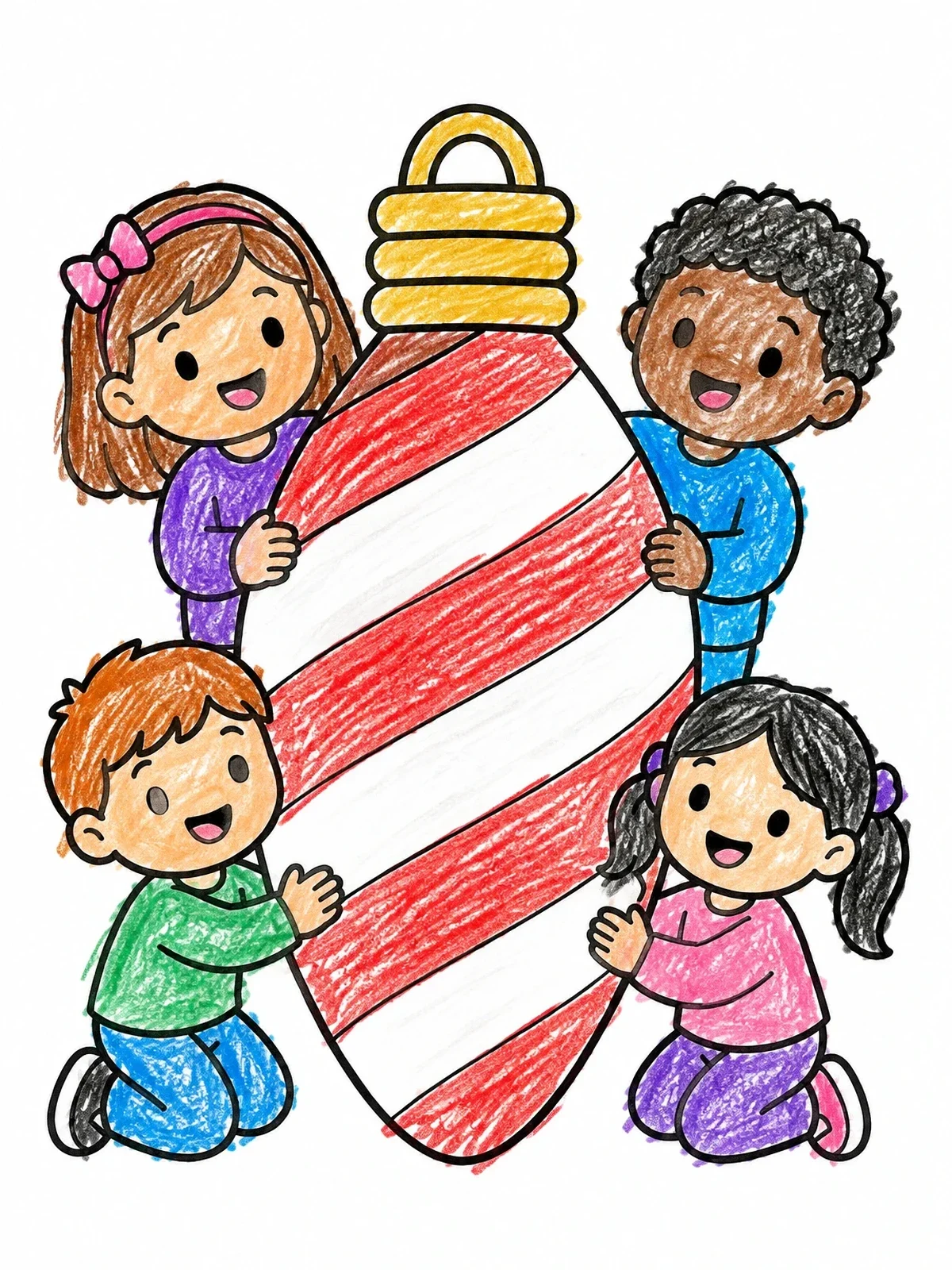 Colored example of the Children Holding Giant Holiday Light Bulb coloring page