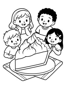 Happy children gather around a giant slice on this pie coloring page.