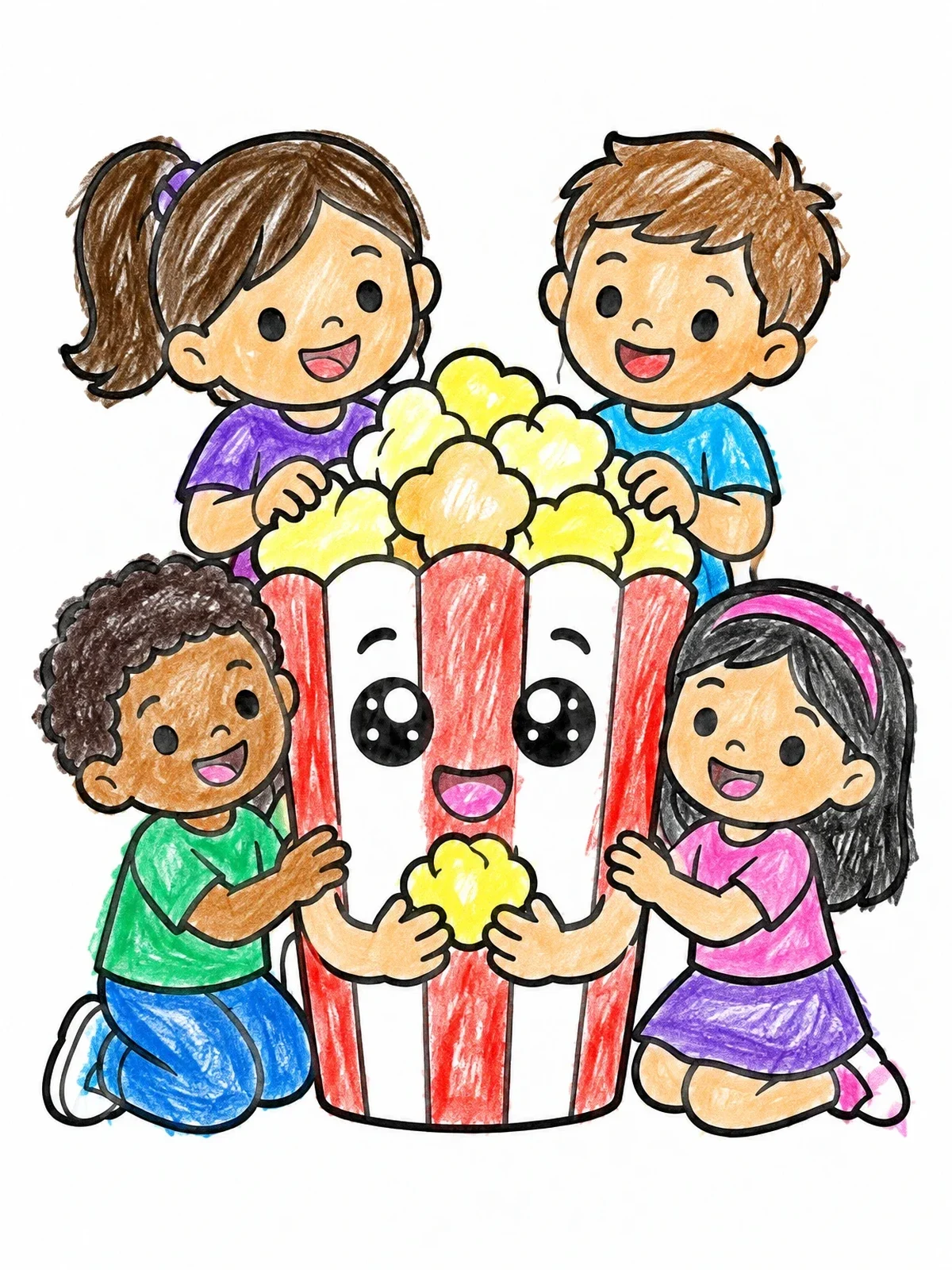 Colored example of the Happy Children With Giant Popcorn Box coloring page