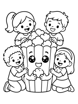 Free printable Happy Children With Giant Popcorn Box coloring page