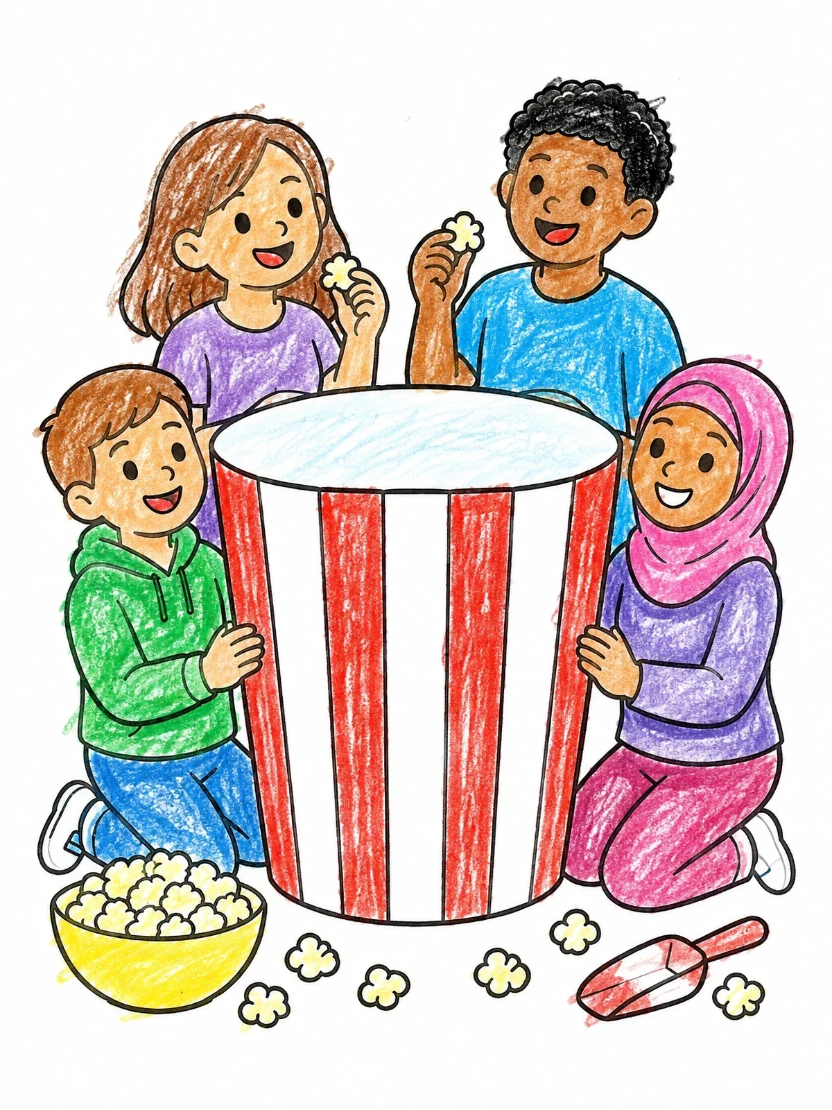 Colored example of the Children Around A Giant Popcorn Bucket coloring page