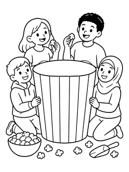 Free printable Children Around A Giant Popcorn Bucket coloring page