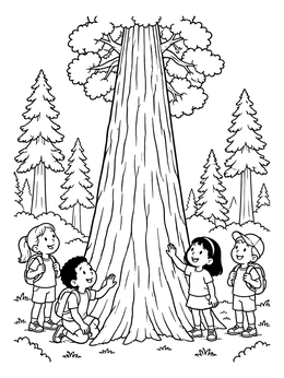 A group of hiking children looks up in wonder in this giant redwood tree coloring page.
