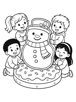 Free printable Children Decorating A Giant Snowman Cookie coloring page