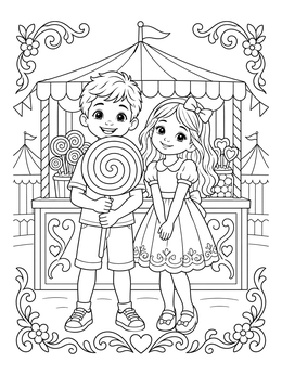 A cheerful boy and girl at a carnival booth on this swirl coloring page.
