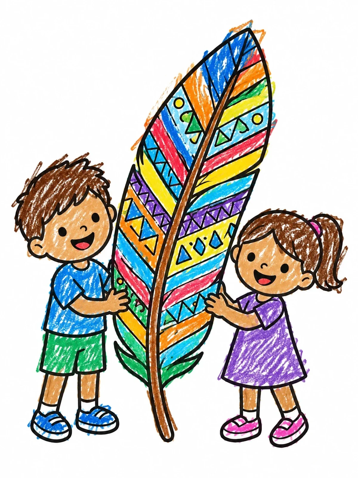 Colored example of the Children Holding A Giant Feather coloring page