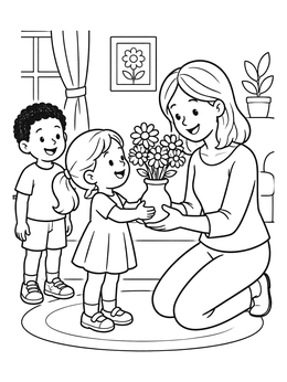 Free printable Children Giving Flowers In Vase To Mom coloring page