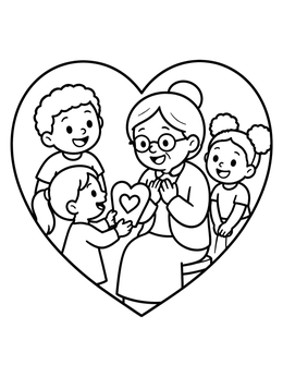 Free printable Children Giving Heart To Grandmother coloring page