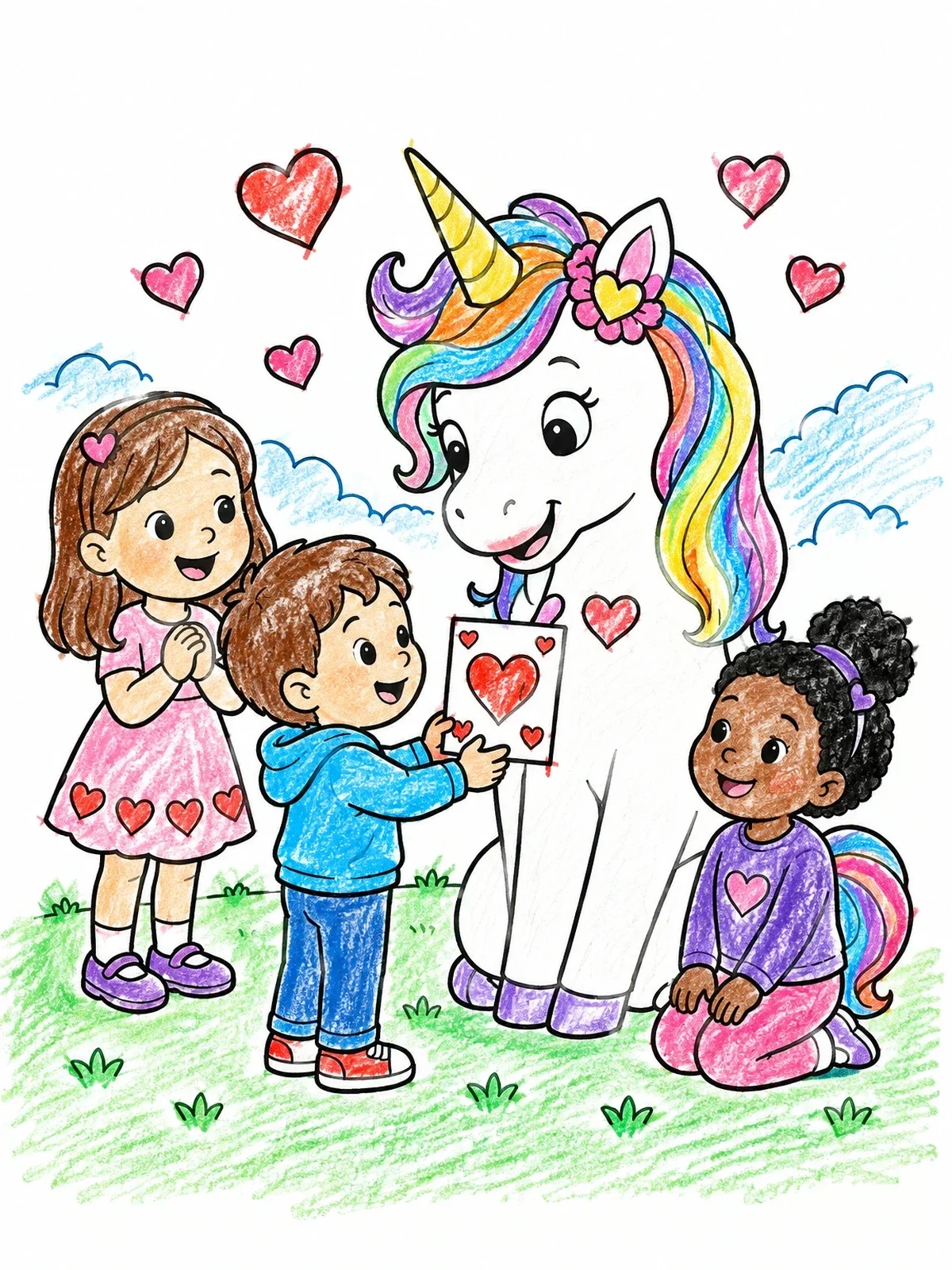 Colored example of the Children Giving Valentine Card To Unicorn coloring page