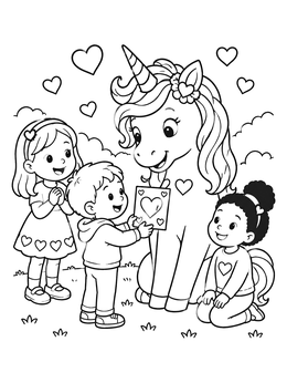 Free printable Children Giving Valentine Card To Unicorn coloring page