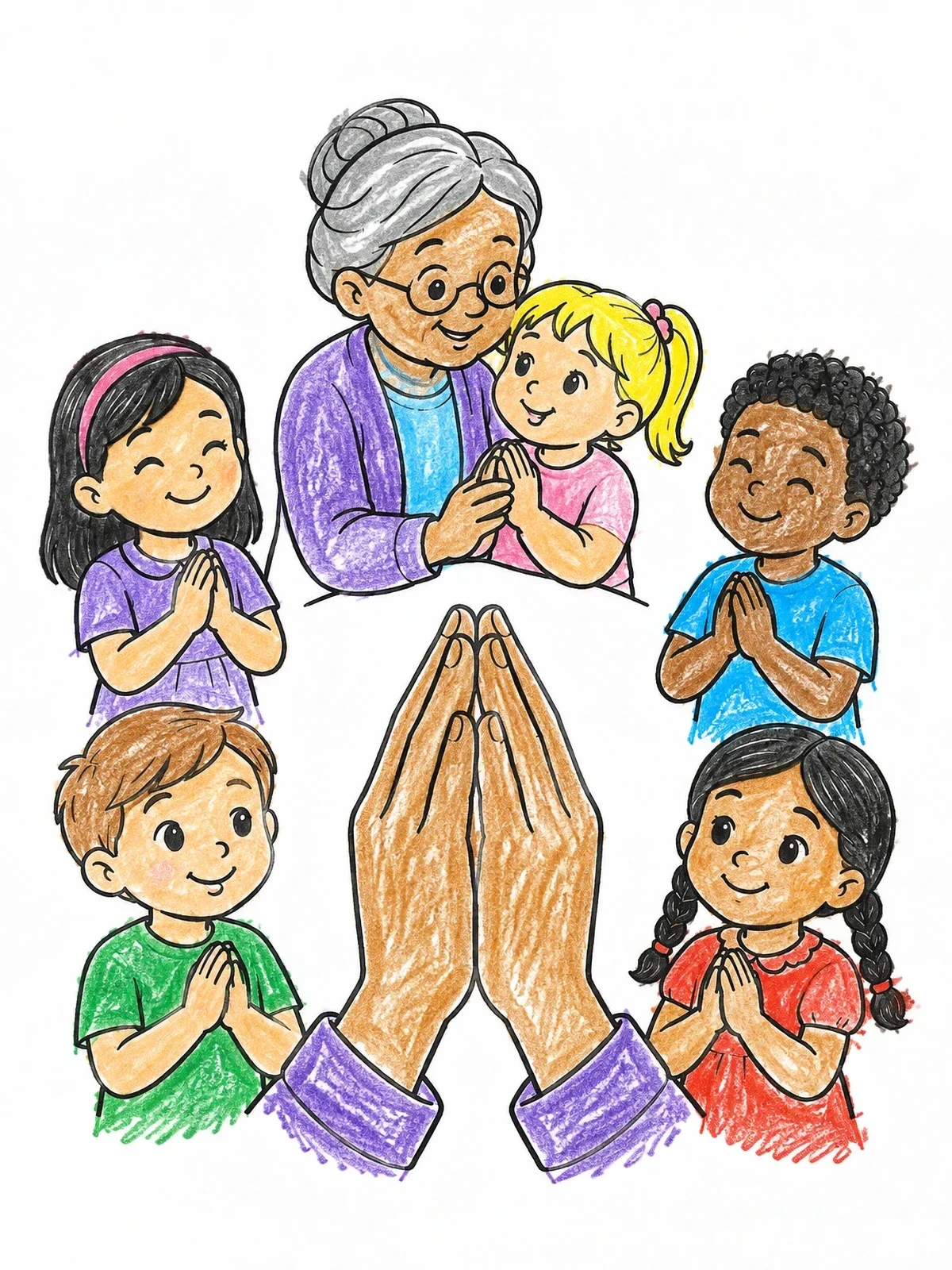 Colored example of the Children And Grandmother Praying Together coloring page