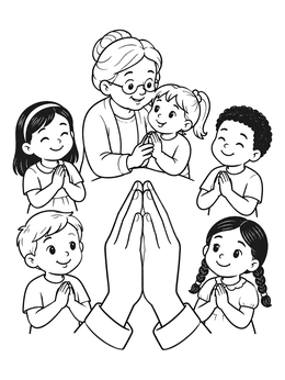 Free printable Children And Grandmother Praying Together coloring page