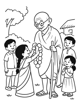 Free printable Children Greeting Mahatma Gandhi With Garland coloring page