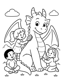 A friendly dragon coloring page showing smiling children grooming its scales outside.